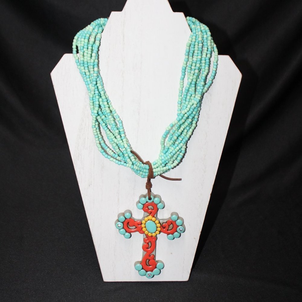 Beautiful Turquoise & Orange Large Cross on Leather Tied to Multi Bead Necklace - Picture 1 of 11